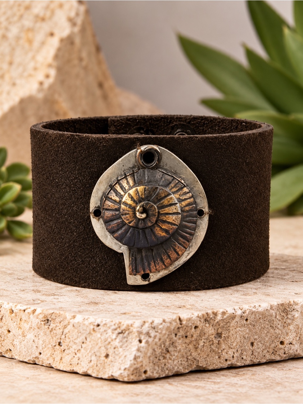Handmade Antique Gold Tone Nautilus Sea Shell Fossil Leather Cuff Bracelet